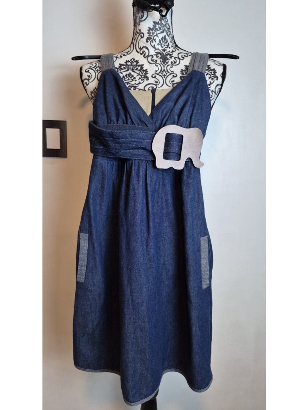 Voom by Joy Han Denim Jumper Dress Women's M Elephant Buckle Belt Pockets